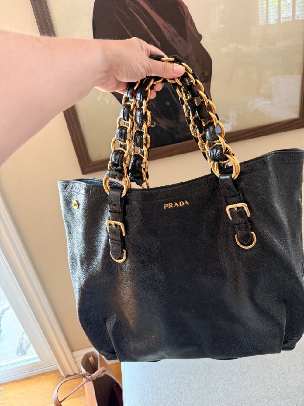 Prada Cervo Lux Leather Chain Tote - Black/gold - Picture 2 of 10